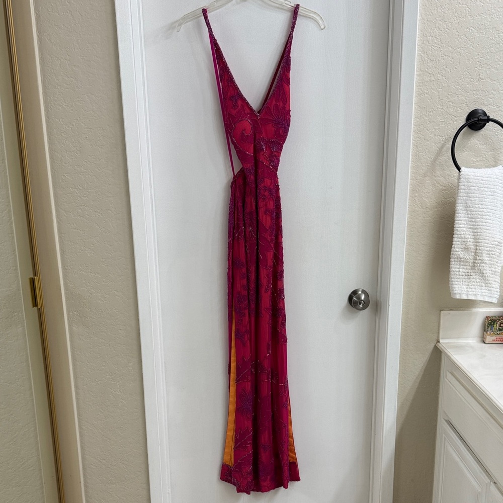 Cache Vibrant Pink Beaded Formal Dress